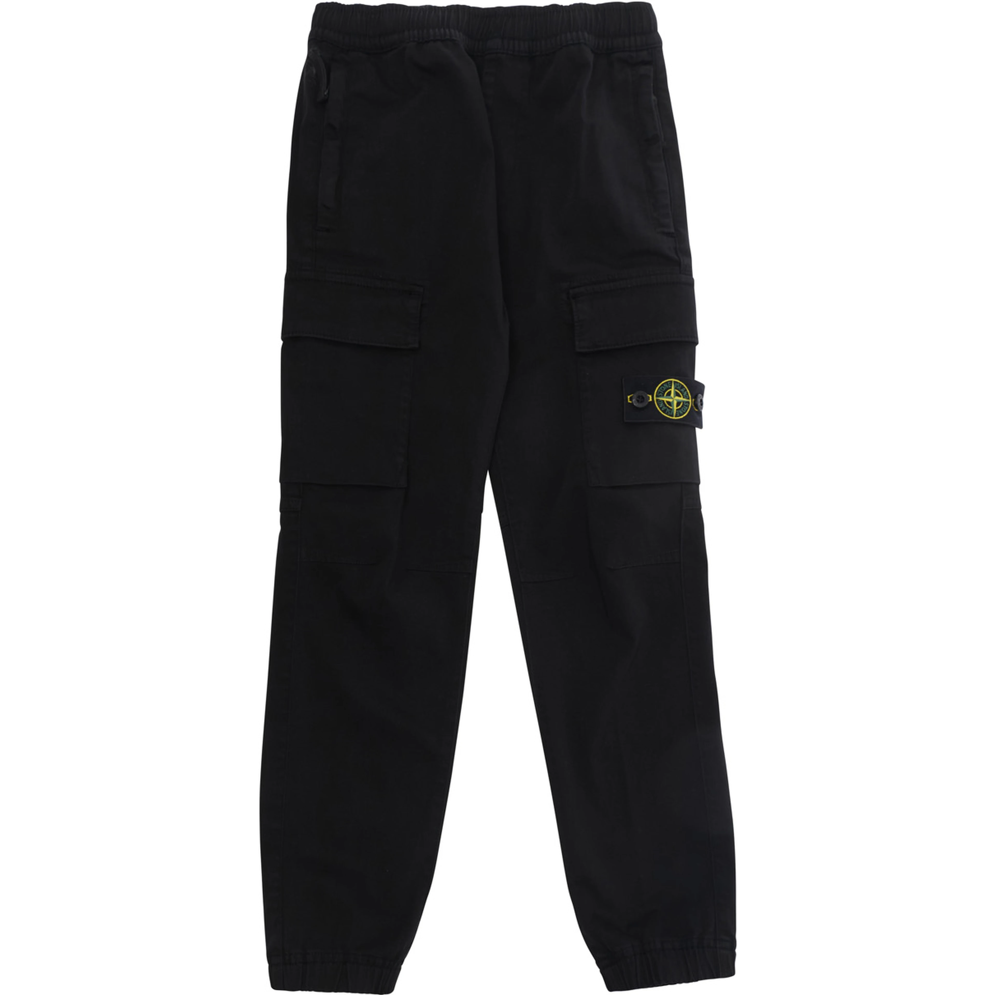 Black pants with drawstring waist and logo patch on the front in cotton boy