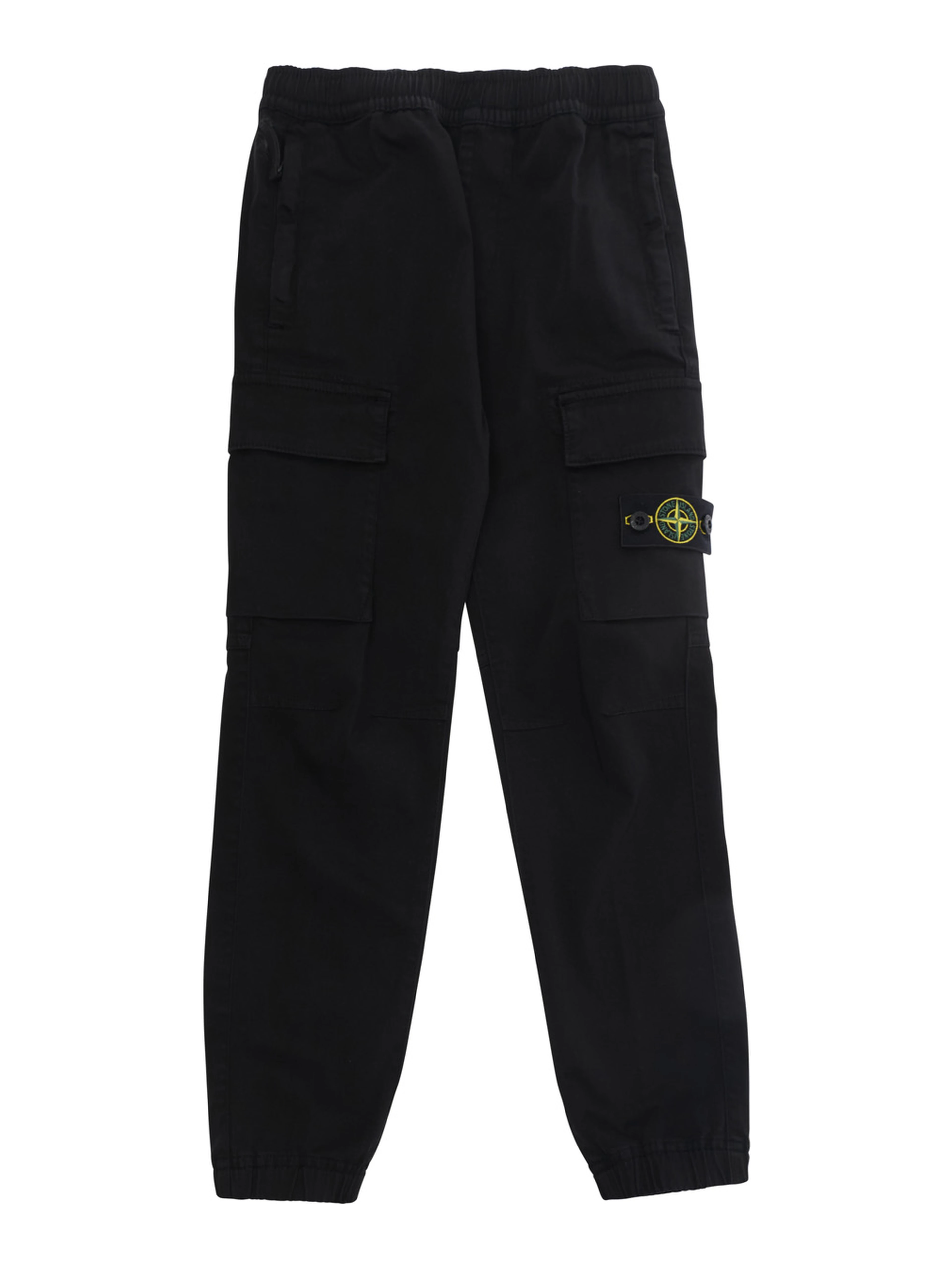 Black pants with drawstring waist and logo patch on the front in cotton boy