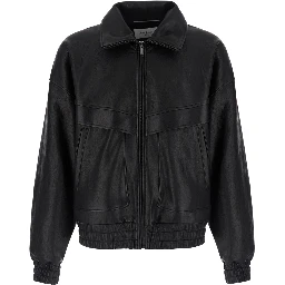 Black Jacket with classic collar and zip closure on the front in leather for men