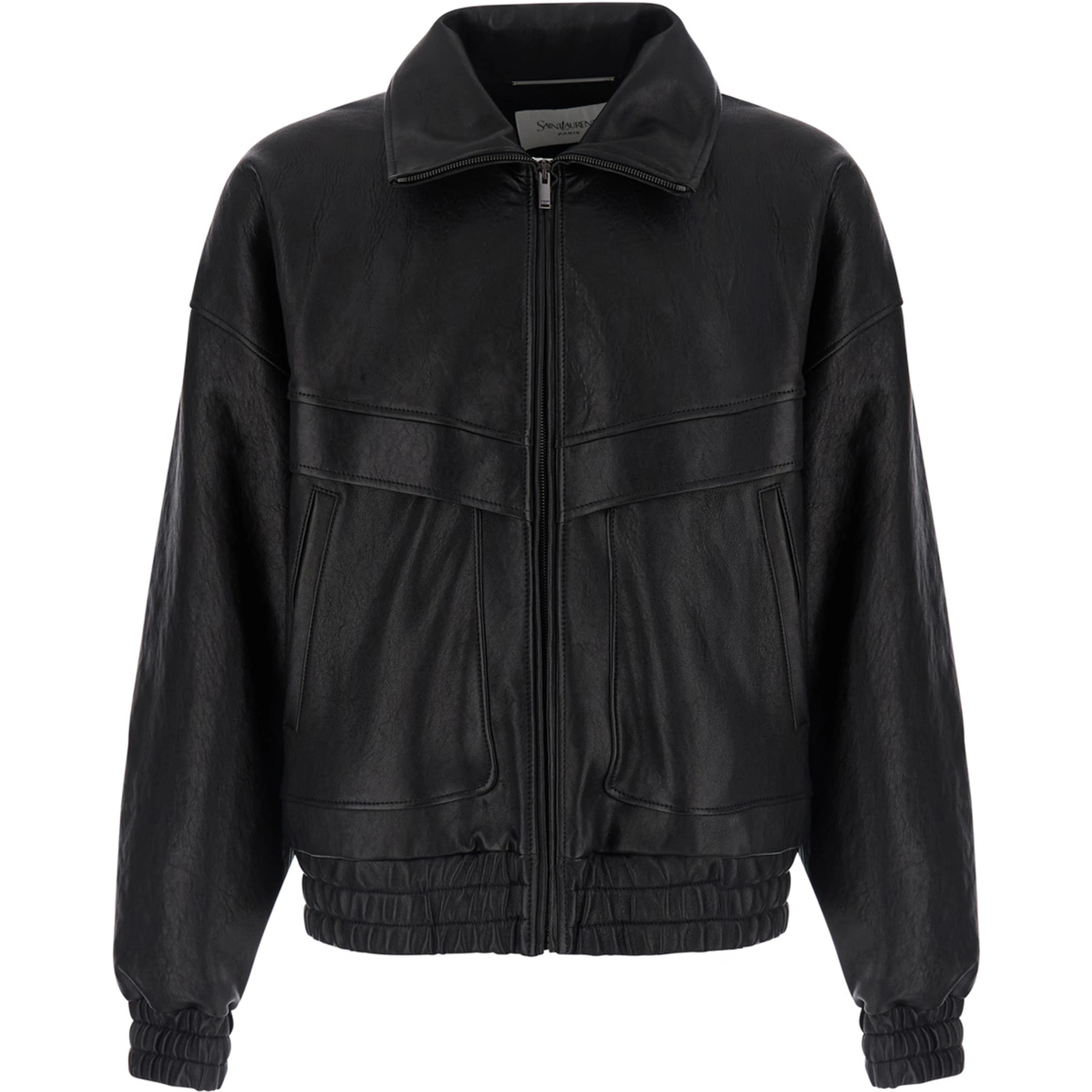 Black Jacket with classic collar and zip closure on the front in leather for men