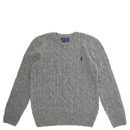 Crewneck Sweater with Pony Embroidery and Cable Knit in Grey Wool and Cashmere Boy