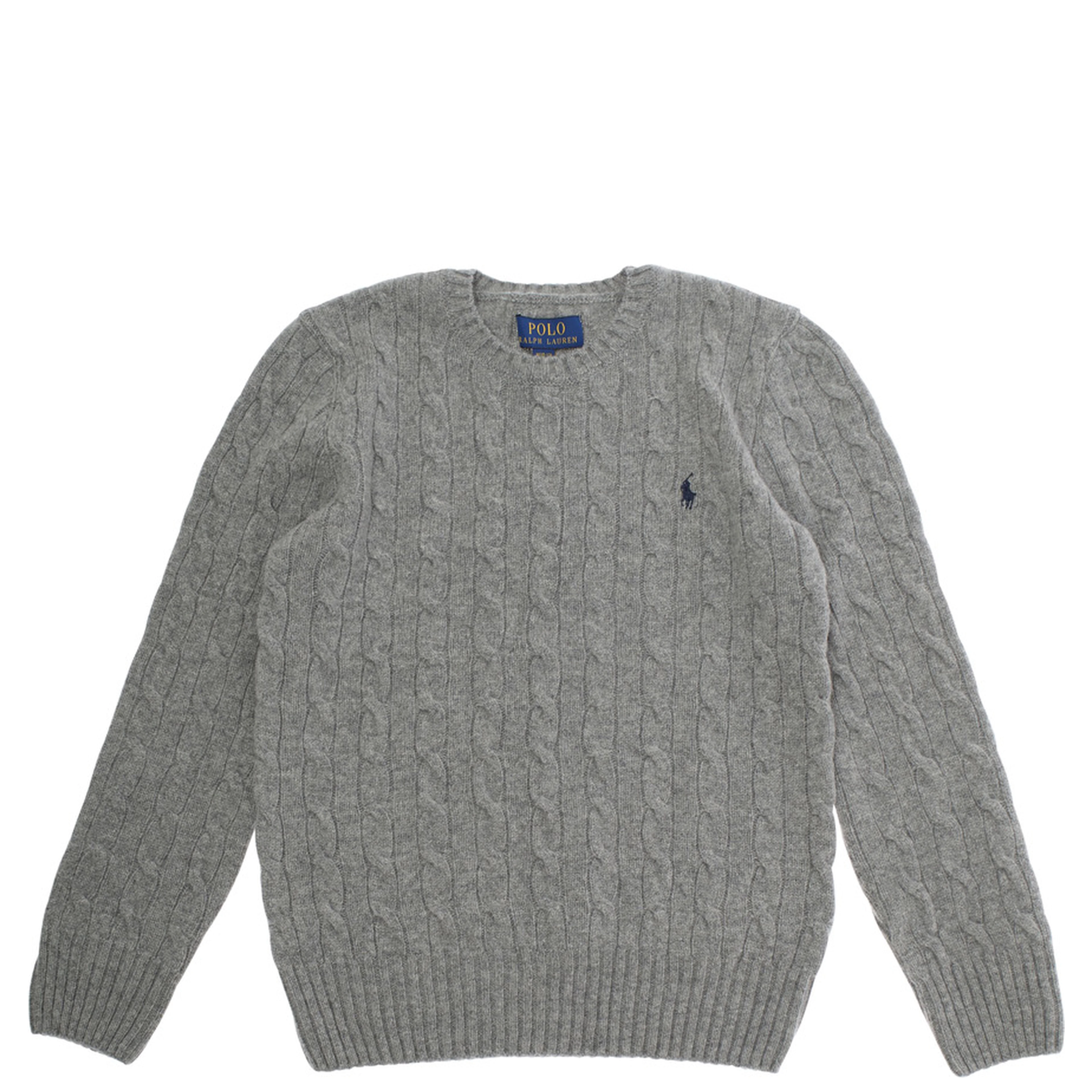 Crewneck Sweater with Pony Embroidery and Cable Knit in Grey Wool and Cashmere Boy
