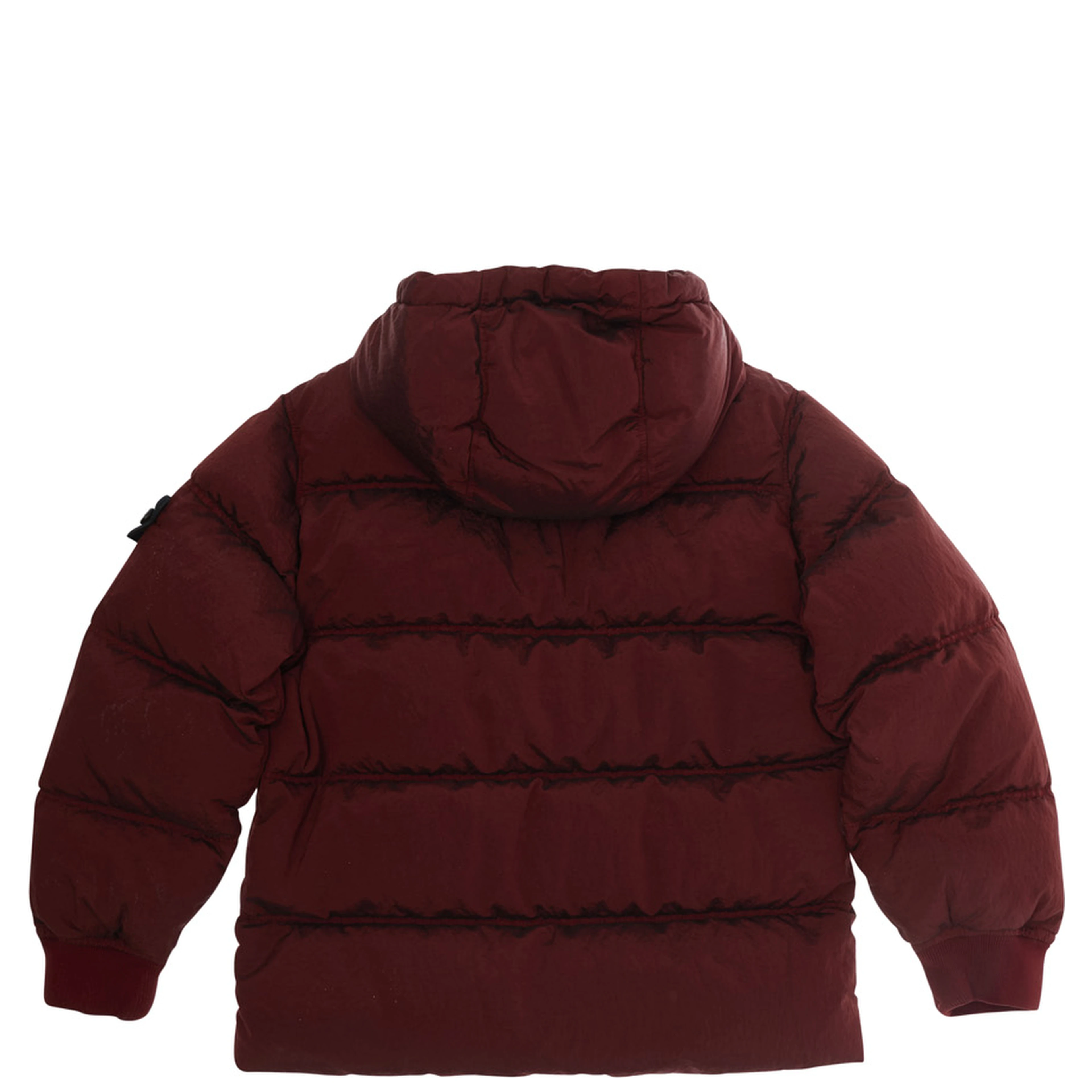 Red Down jacket with fixed hood and logo patch on the sleeve in Tech Fabric Boy