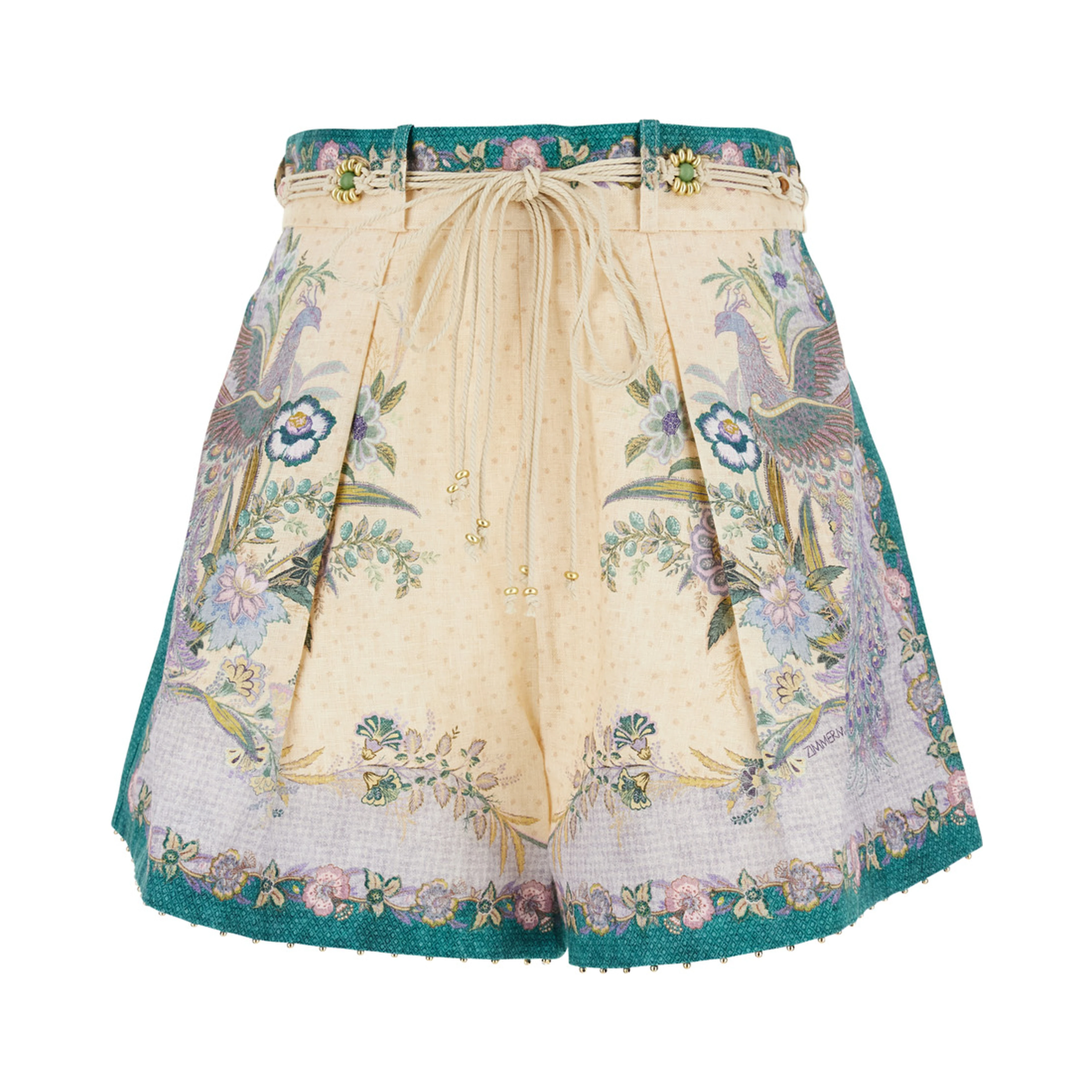 Indra Multicolor shorts with Floral Motif and Drawstring at the Front in Linen for Women