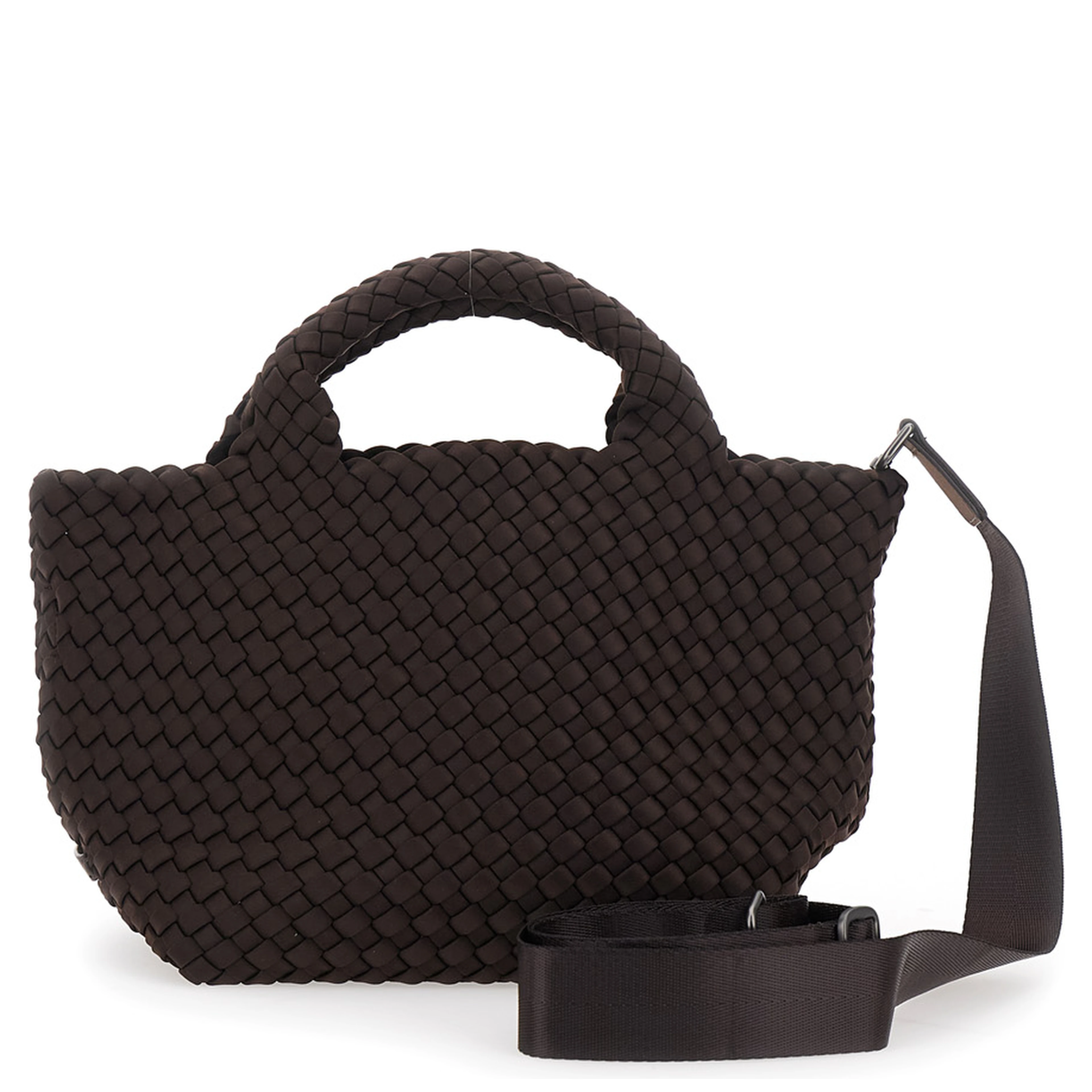 Handbag with Intreccio design and adjustable Ecoleather shoulder strap in brown for women
