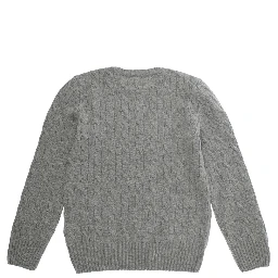 Crewneck Sweater with Pony Embroidery and Cable Knit in Grey Wool and Cashmere Boy