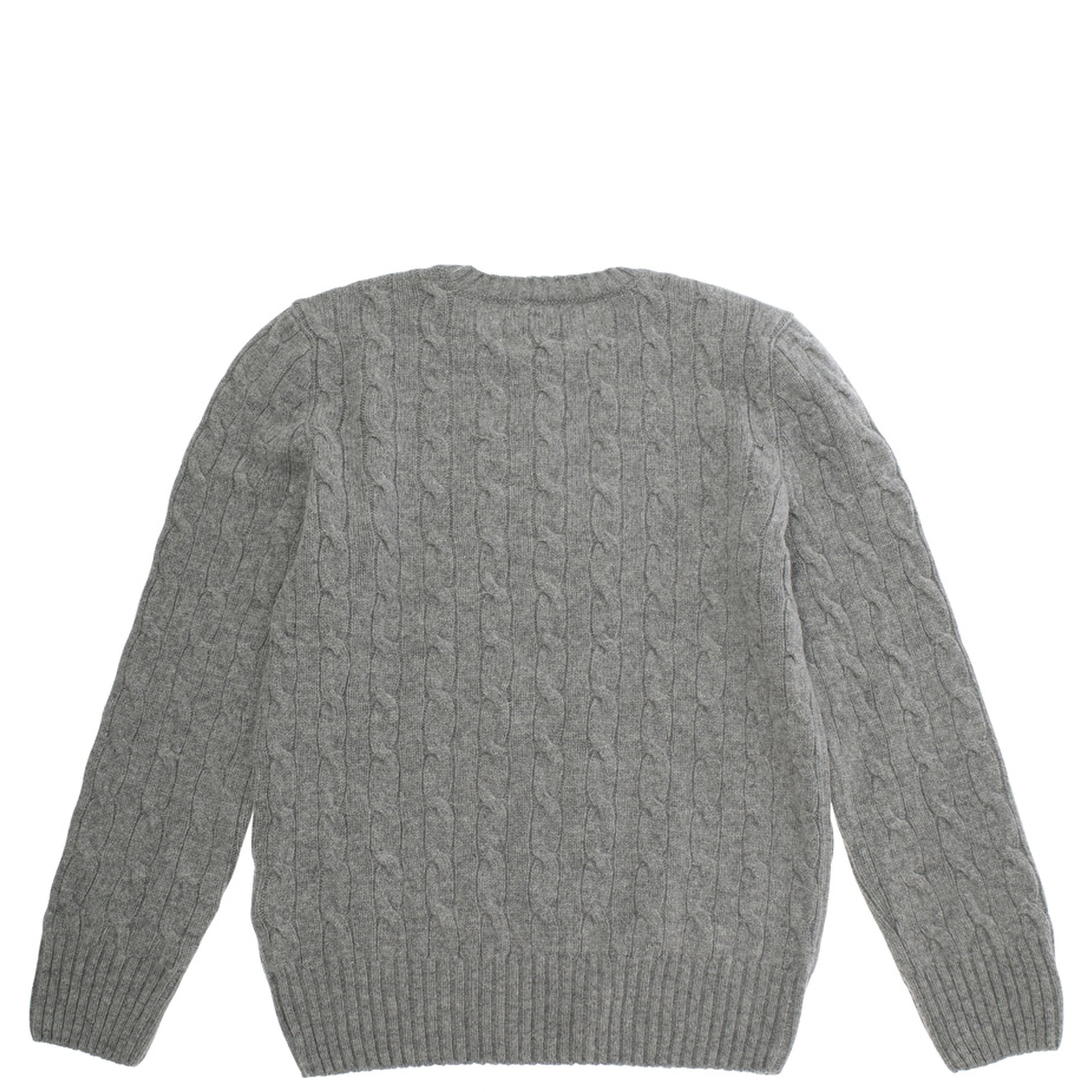 Crewneck Sweater with Pony Embroidery and Cable Knit in Grey Wool and Cashmere Boy