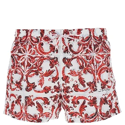 Bordeaux Swim shorts with Elasticated Waist and Drawstring and All-Over Majolica Print in Tech Fabric for Men