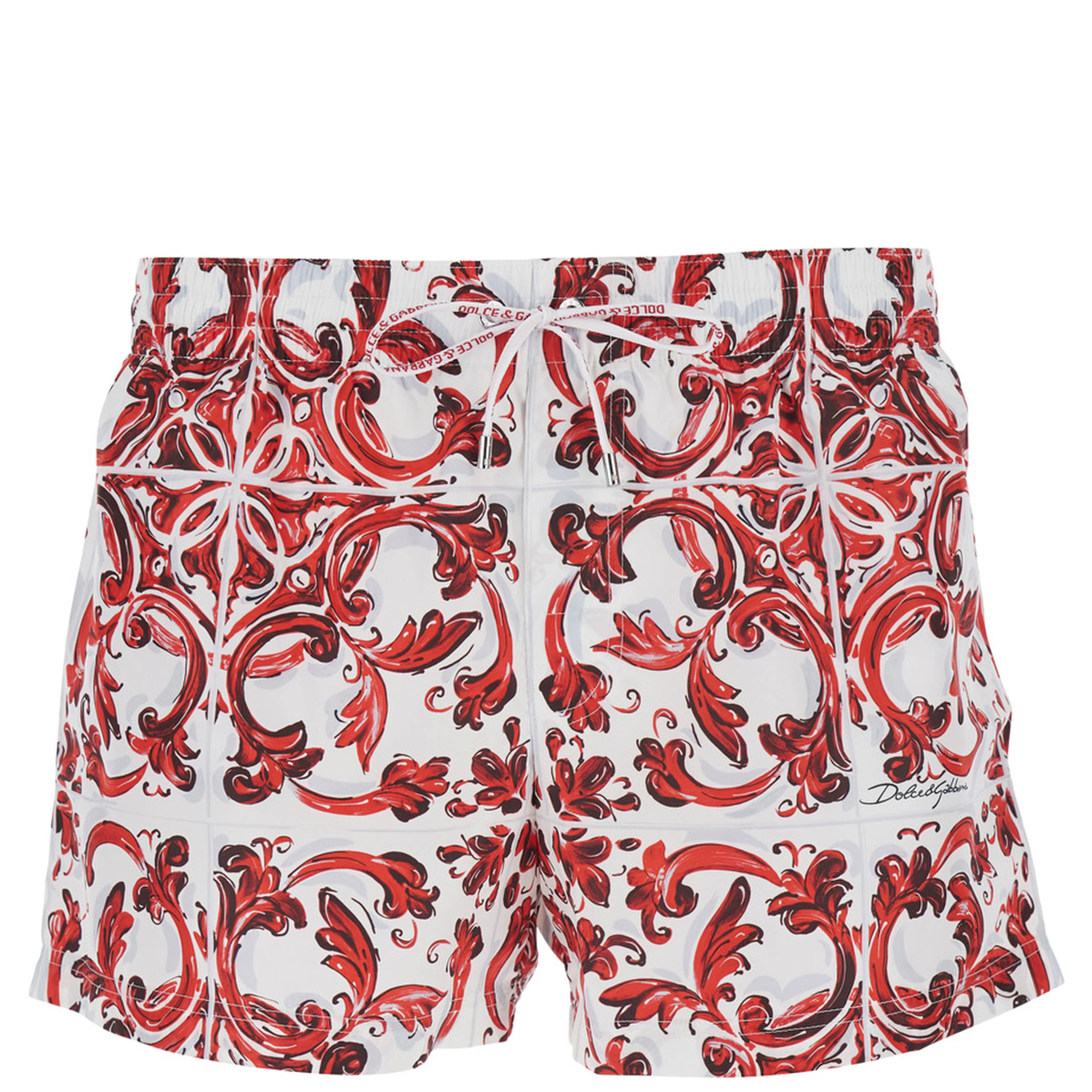 Bordeaux Swim shorts with Elasticated Waist and Drawstring and All-Over Majolica Print in Tech Fabric for Men