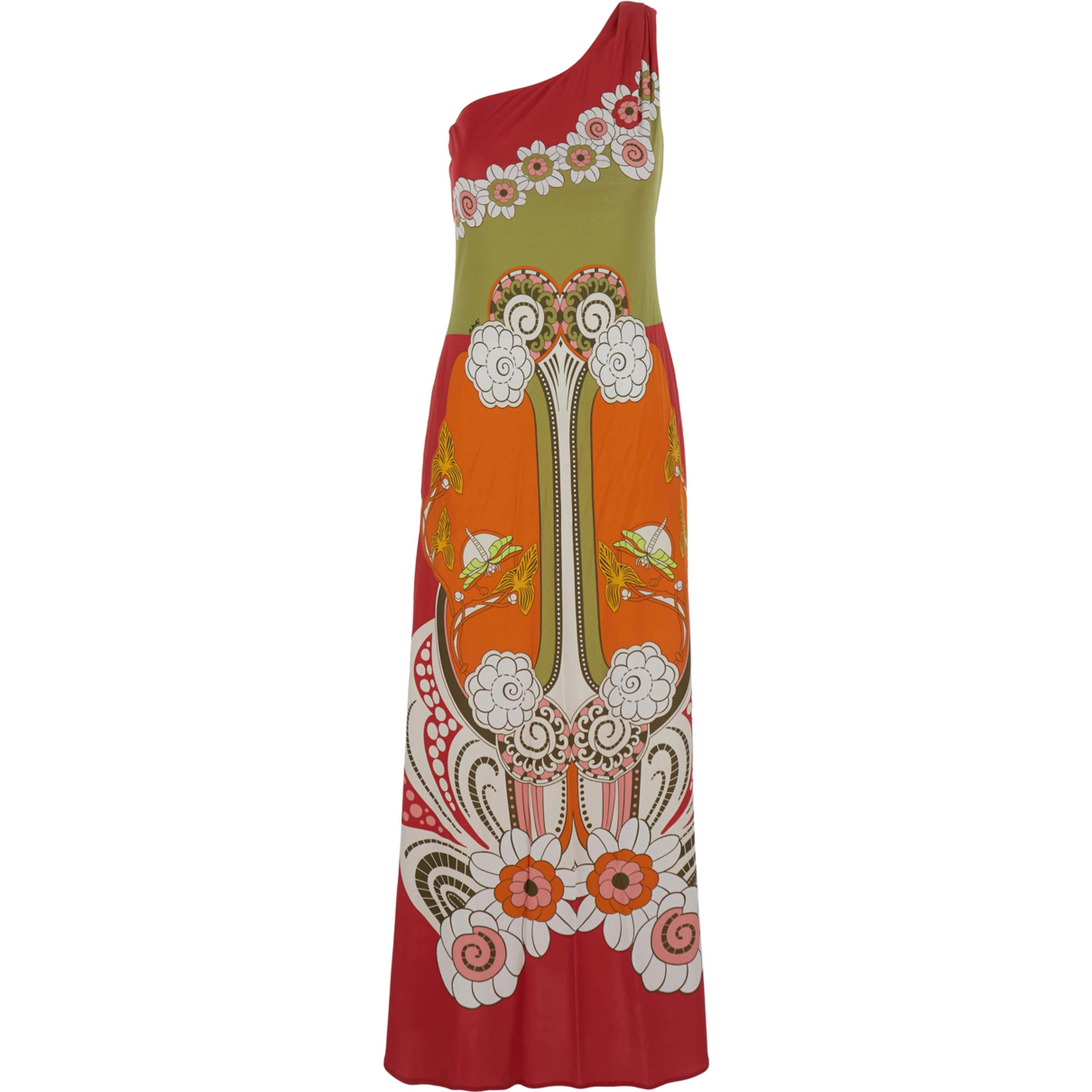 Clingy Roy Multicolor One-Shoulder Long Dress with All-Over Print in Silk for Women