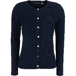 blue Crew neck cardigan with cable knit and logo on the front in cotton Blend women