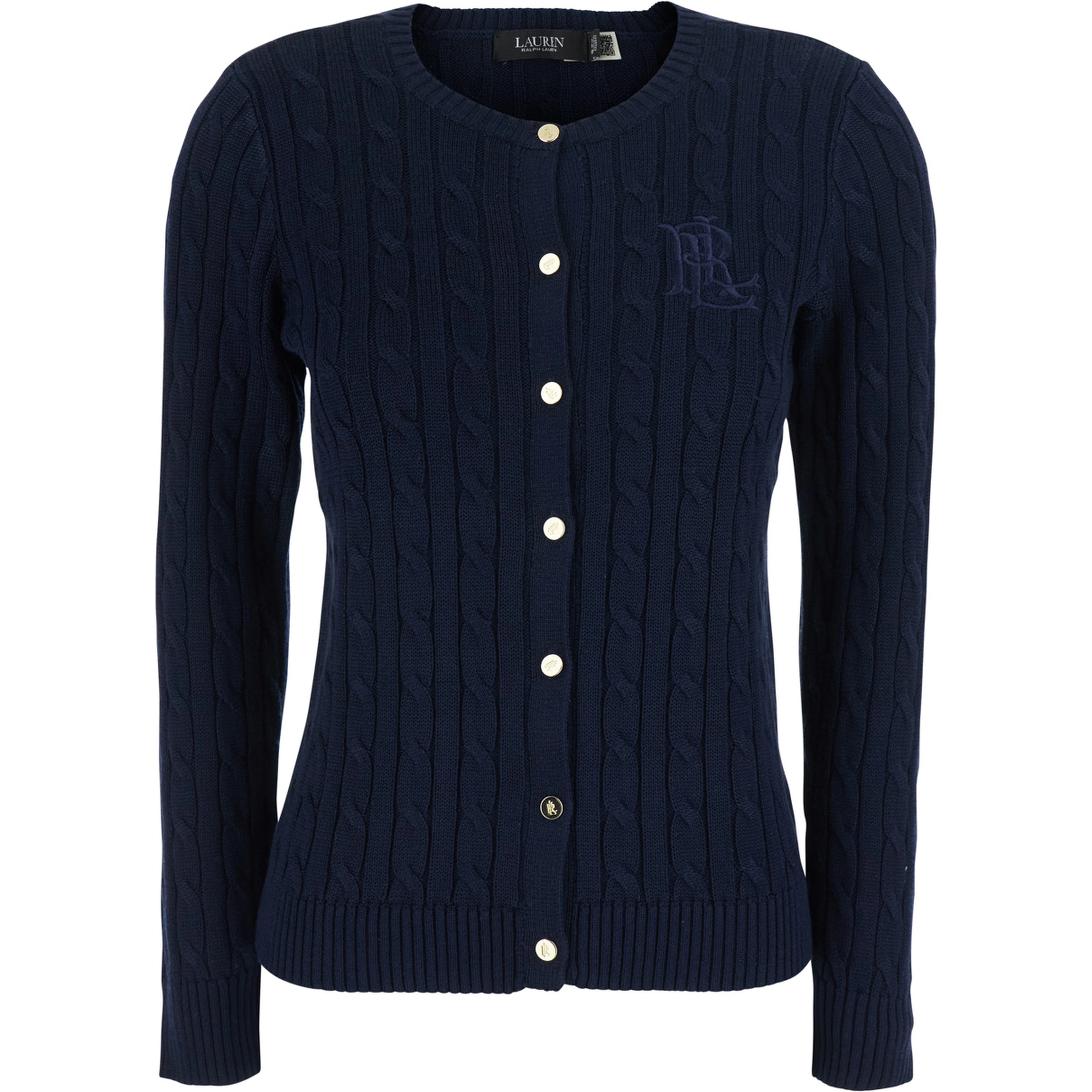 blue Crew neck cardigan with cable knit and logo on the front in cotton Blend women