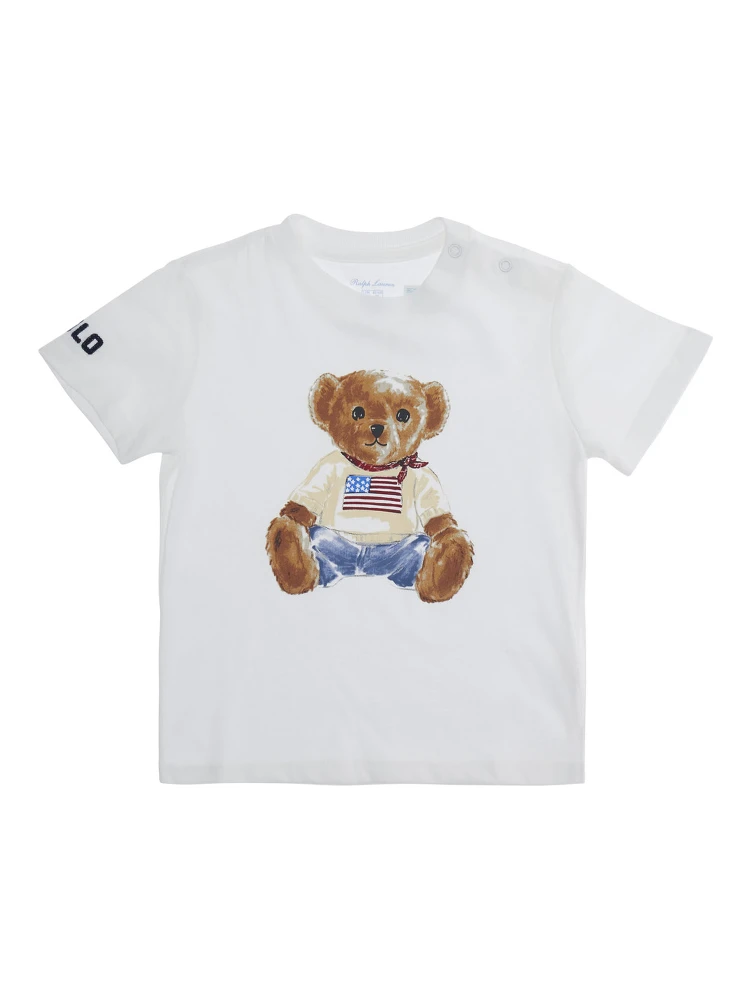 White T-shirt with round neck and logo on the front in cotton baby
