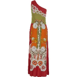 Clingy Roy Multicolor One-Shoulder Long Dress with All-Over Print in Silk for Women