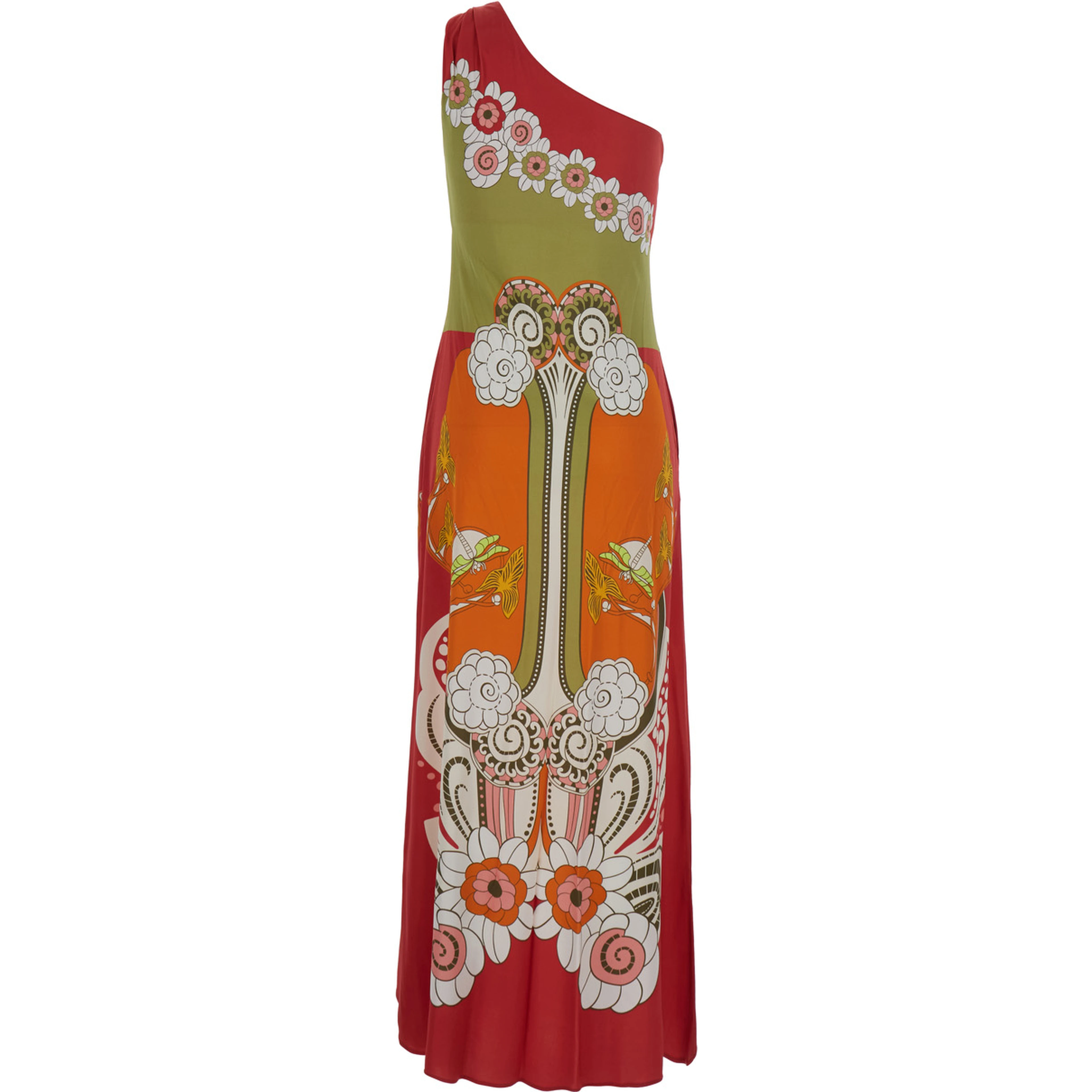 Clingy Roy Multicolor One-Shoulder Long Dress with All-Over Print in Silk for Women