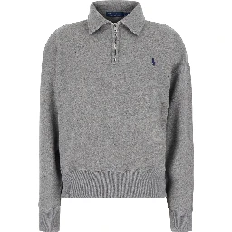 Gray sweatshirt with polo-shirt style collar and Pony embroidery on the front in cotton blend for women