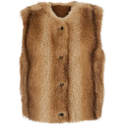 Beige Fur Gilet with Round Collar and Button Closure in Eco-Fur for Women