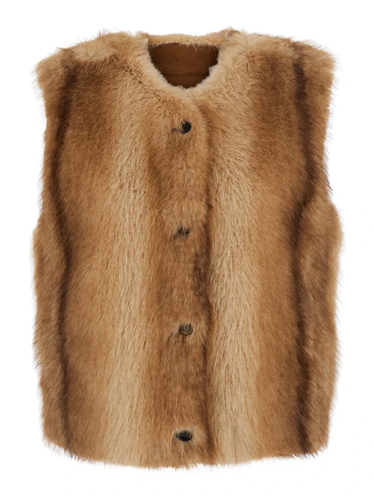 Beige Fur Gilet with Round Collar and Button Closure in Eco-Fur for Women