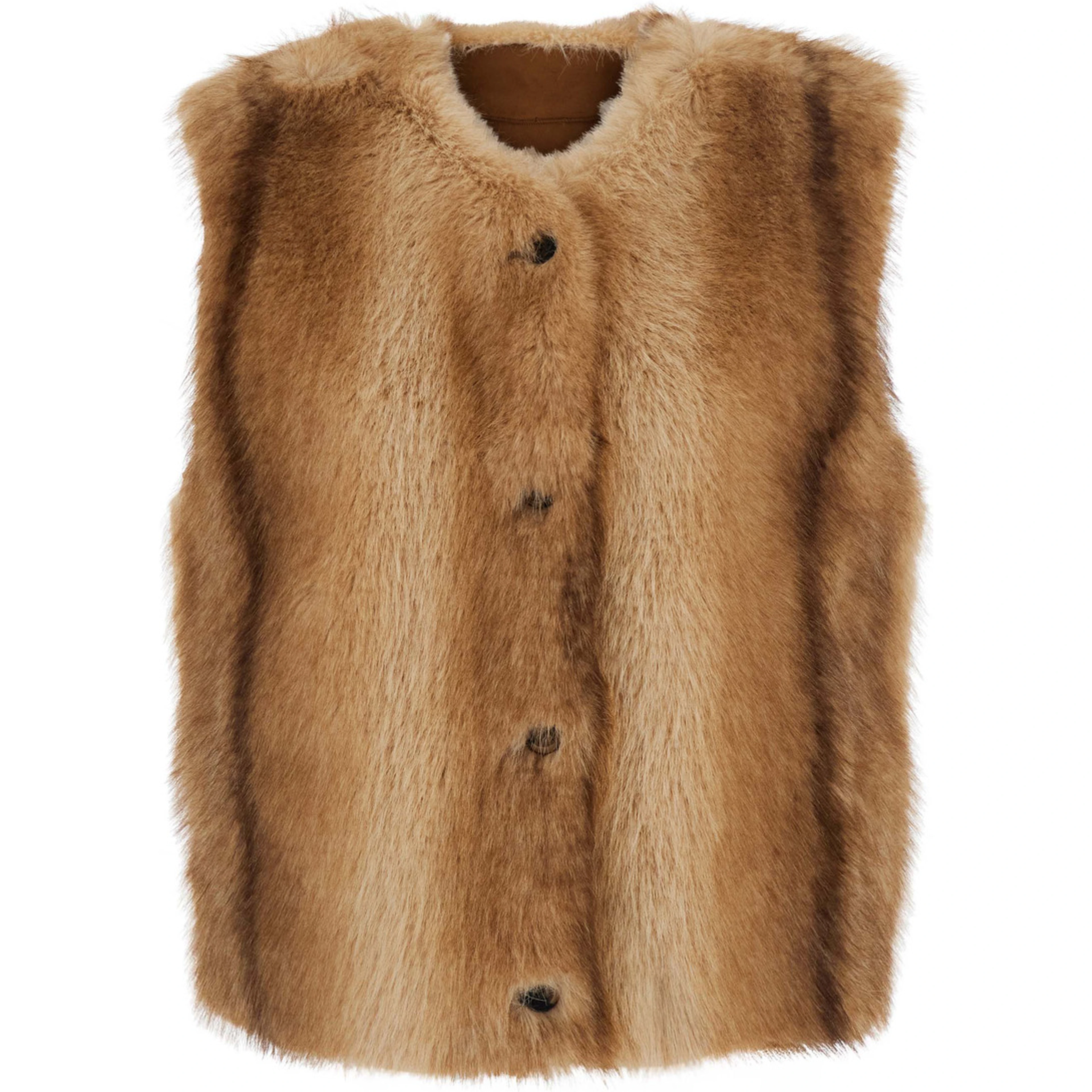 Beige Fur Gilet with Round Collar and Button Closure in Eco-Fur for Women