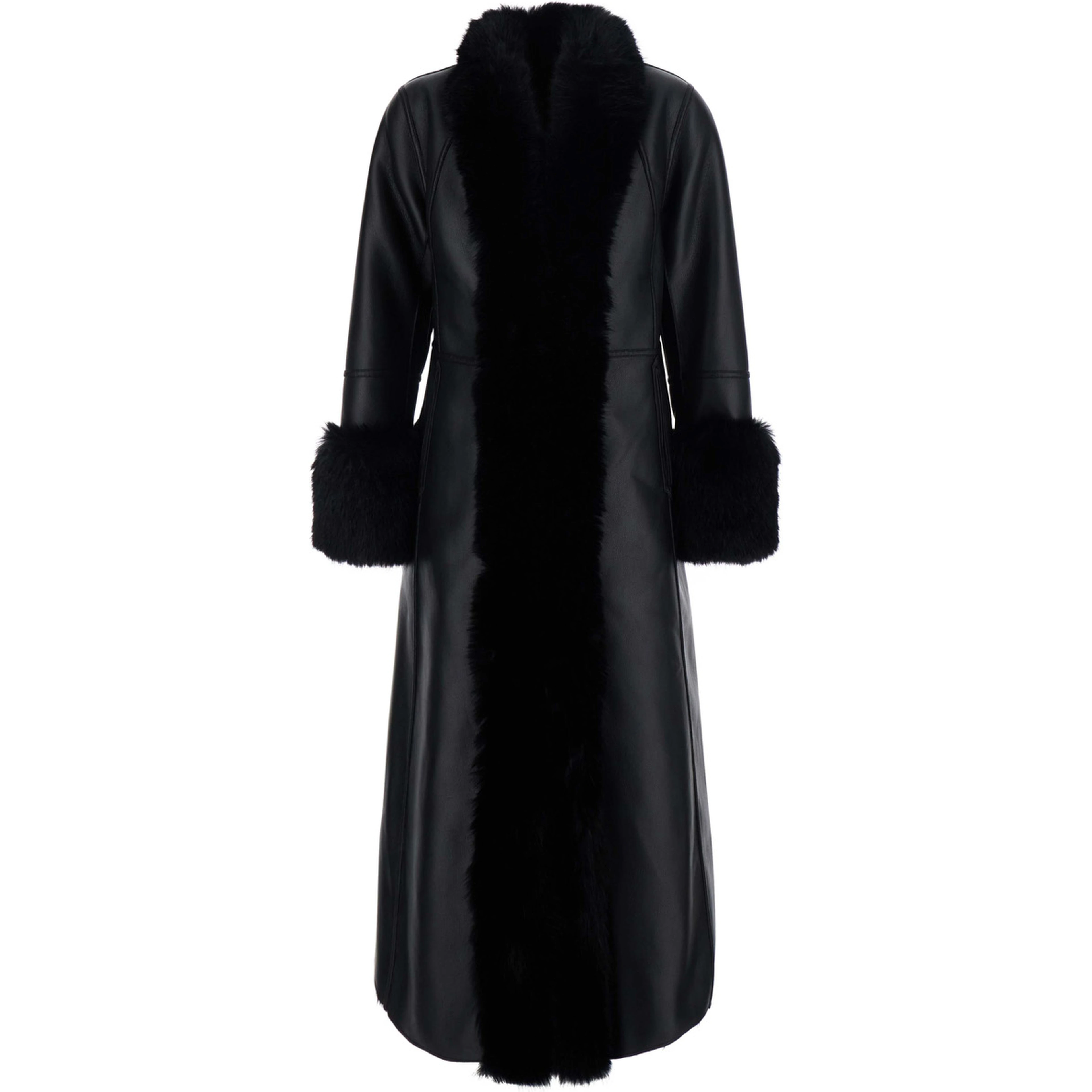 Black Long fur coat with reversible design in eco-fur for women