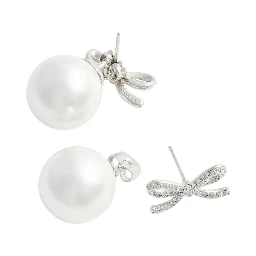 Metallic Earrings with Bow and Pearl in Metal for Women