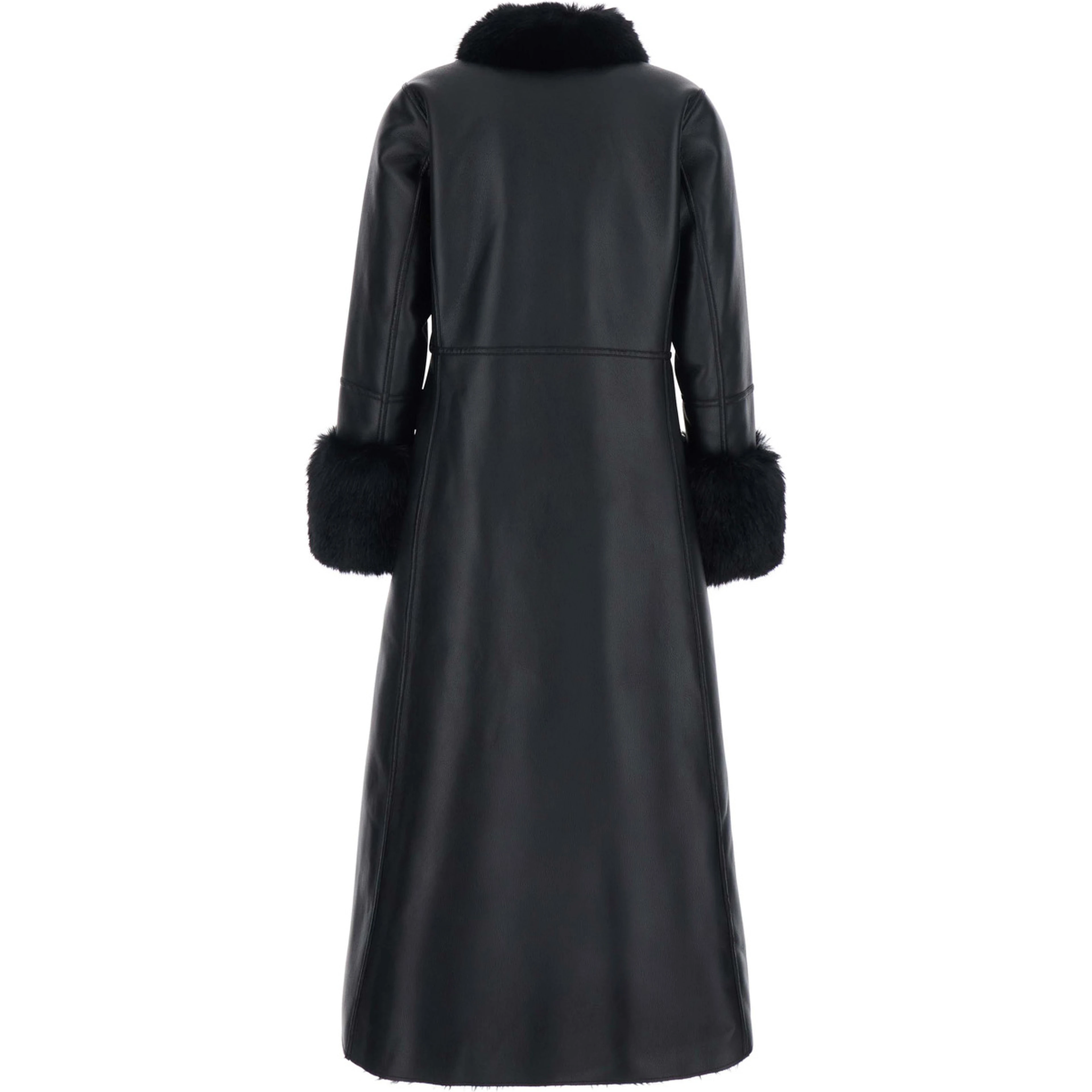 Black Long fur coat with reversible design in eco-fur for women