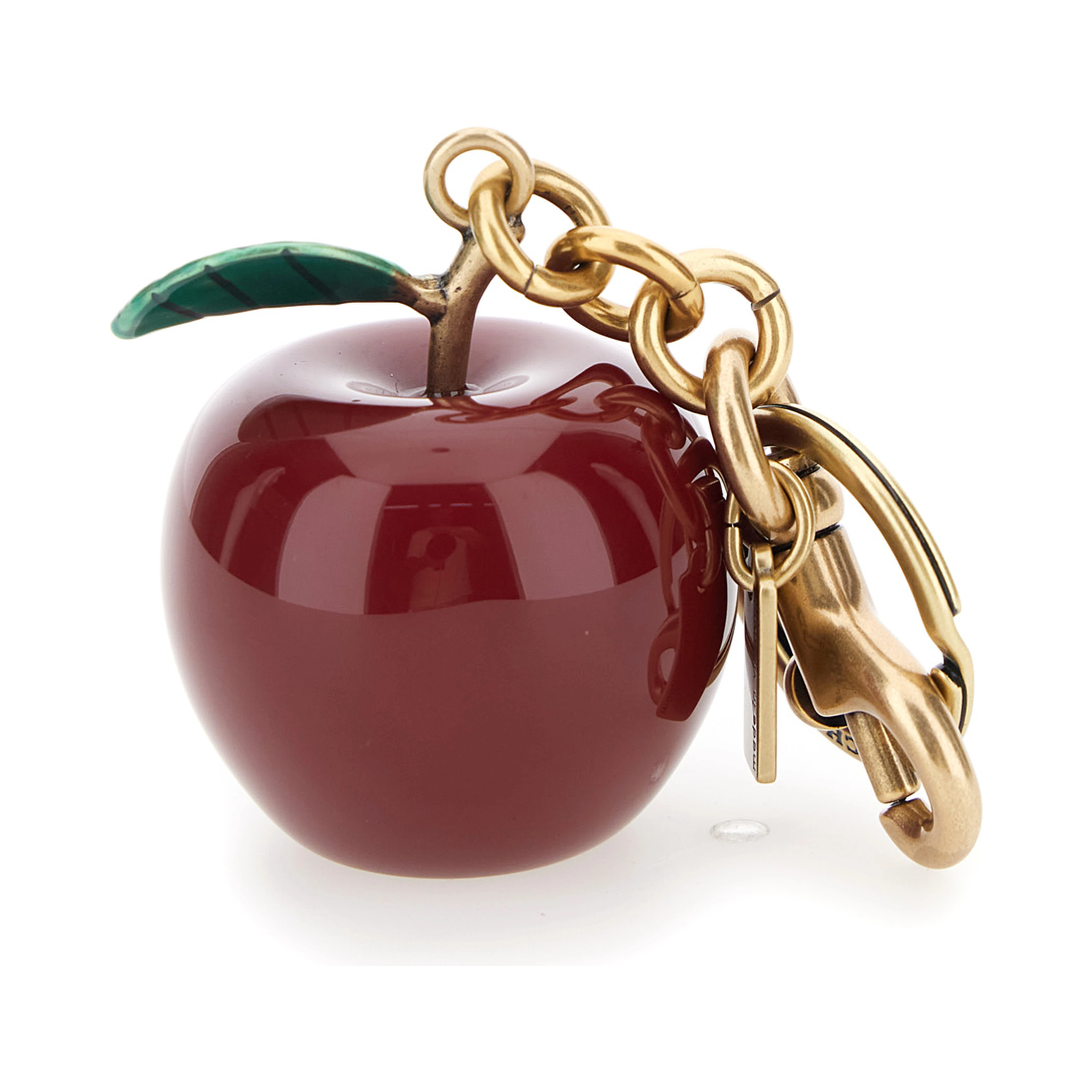 gold and red Keychain with apple shape and embossed logo in metal for women
