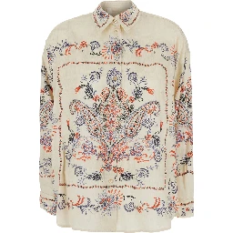 White Shirt with classic collar and all-over embroidery in viscose for women