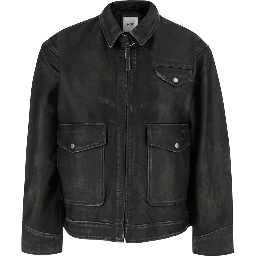 Black Jacket with classic collar and halfbelt in leather for men