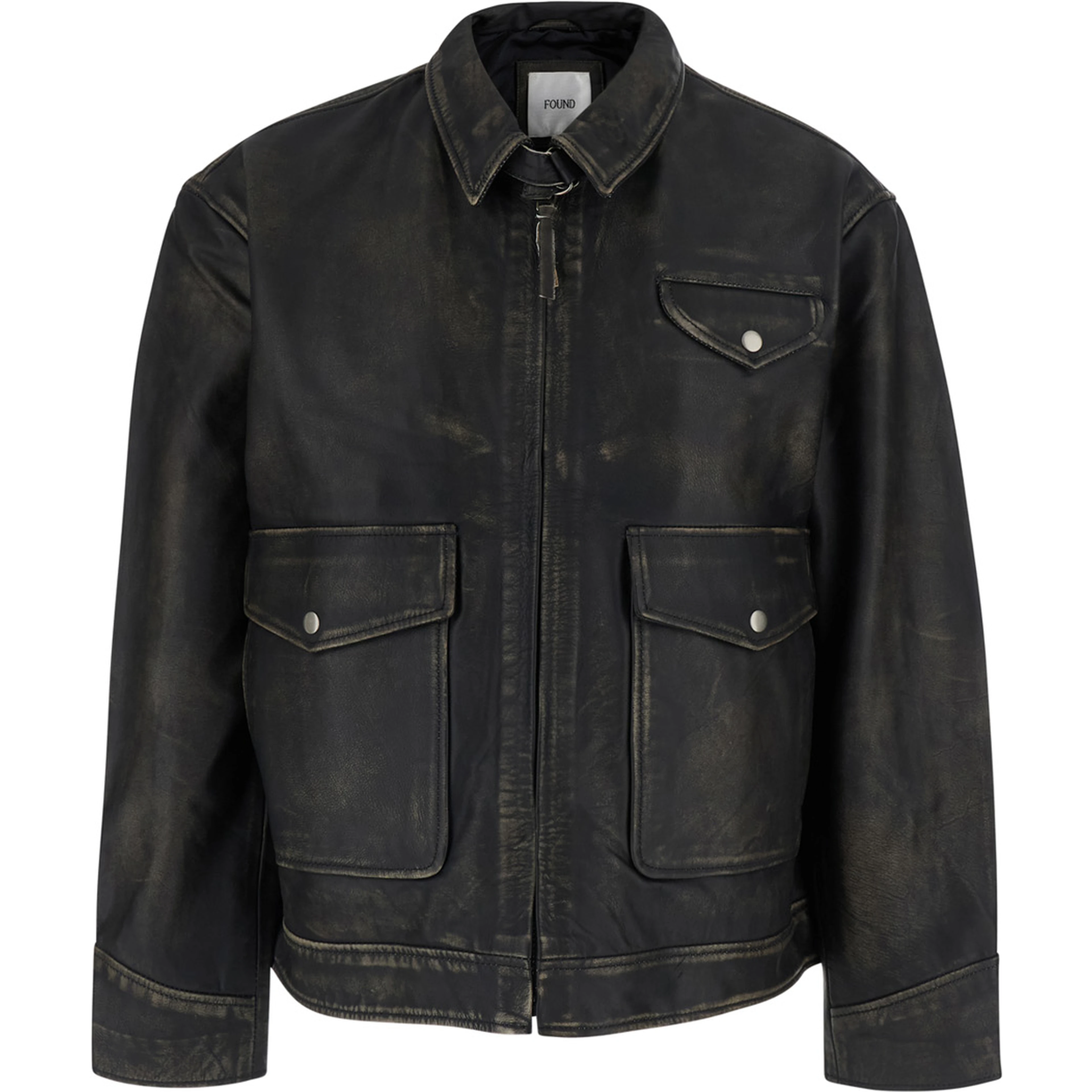 Black Jacket with classic collar and halfbelt in leather for men