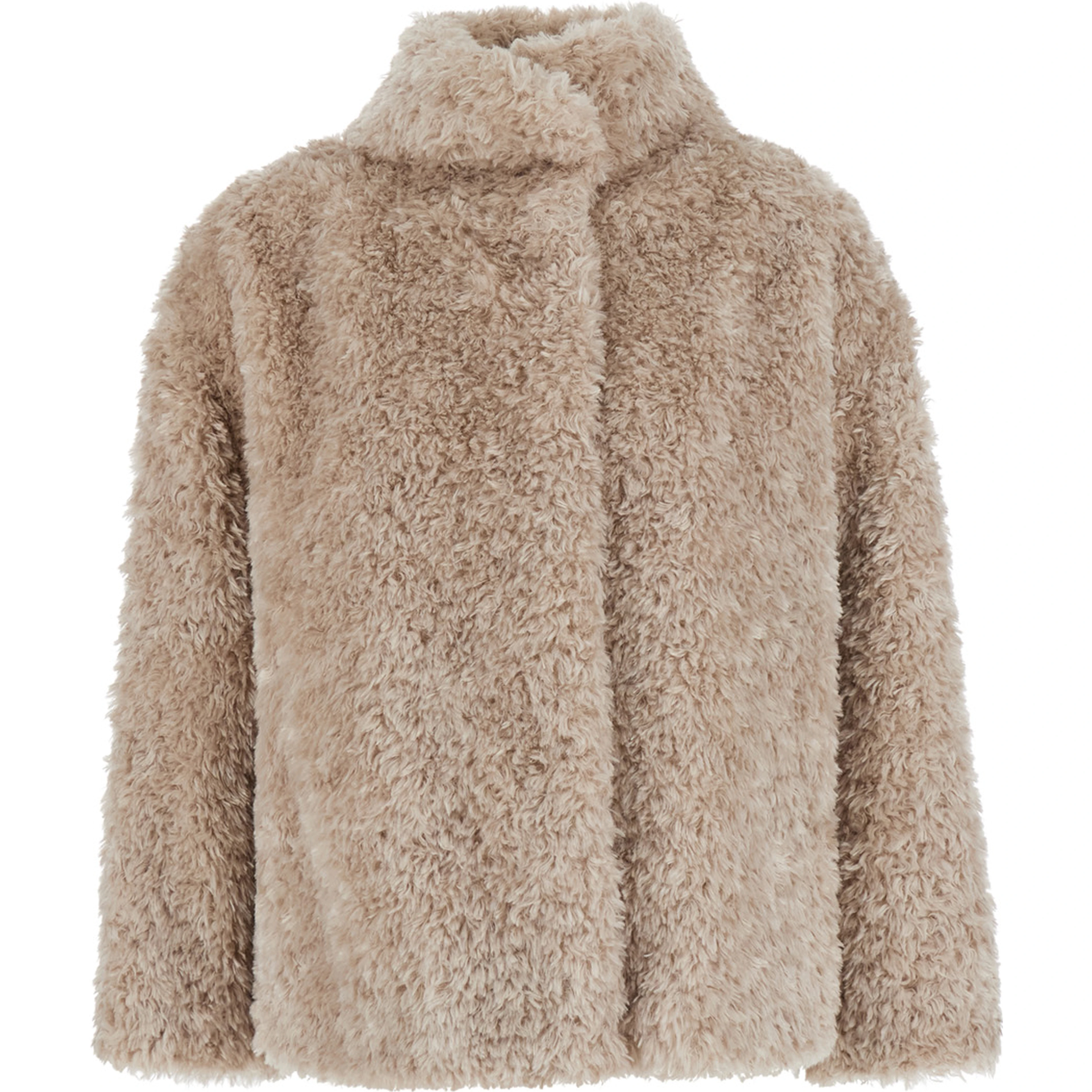 Beige High-neck coat with hidden front closure in beige ecofur for women