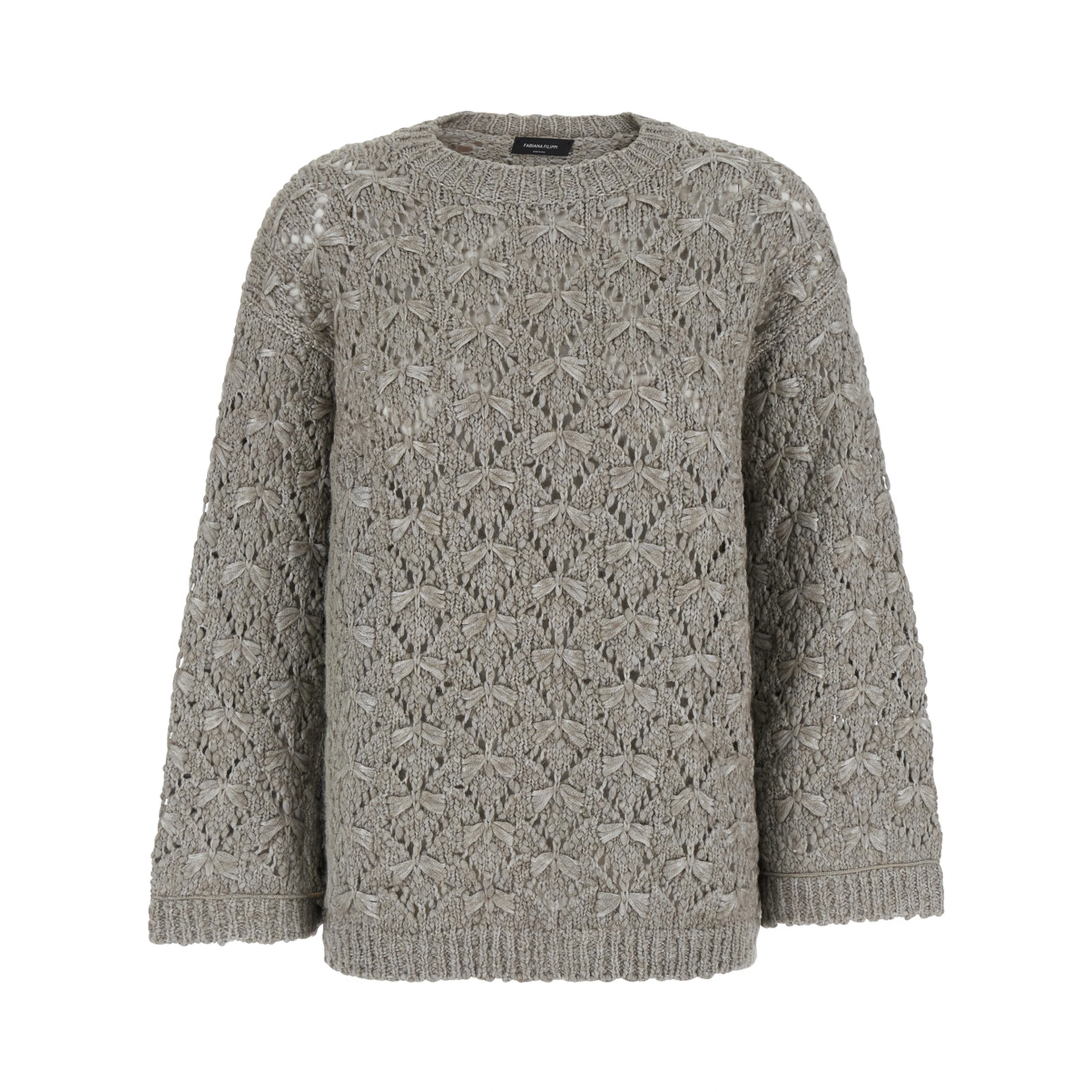 grey Sweater with round neck and woven Motif in wool Blend for women