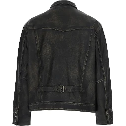 Black Jacket with classic collar and halfbelt in leather for men