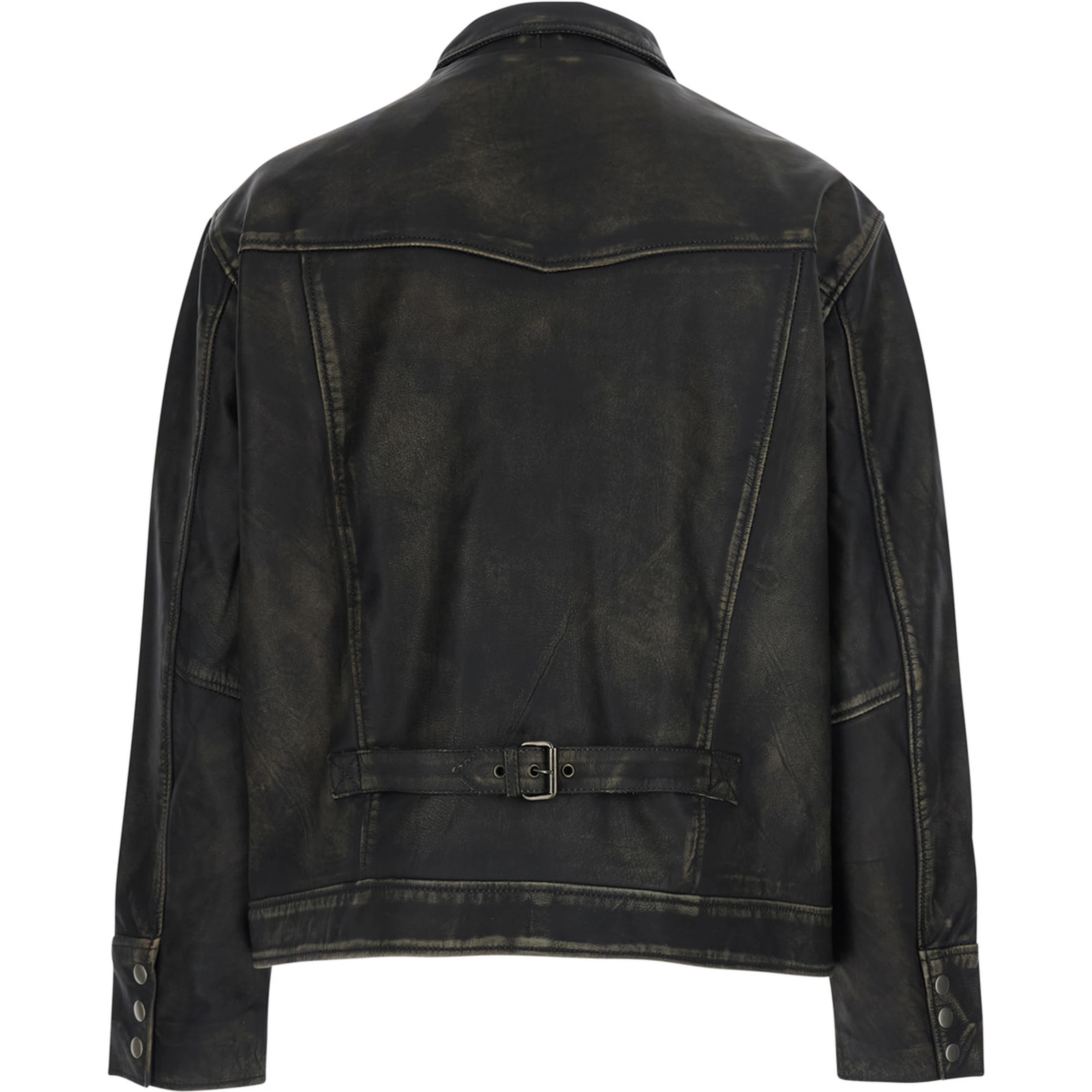 Black Jacket with classic collar and halfbelt in leather for men