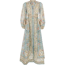 Roselight multicolor long dress with V-neck and floral motif all-over in linen women