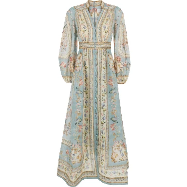 Roselight multicolor long dress with V-neck and floral motif all-over in linen women