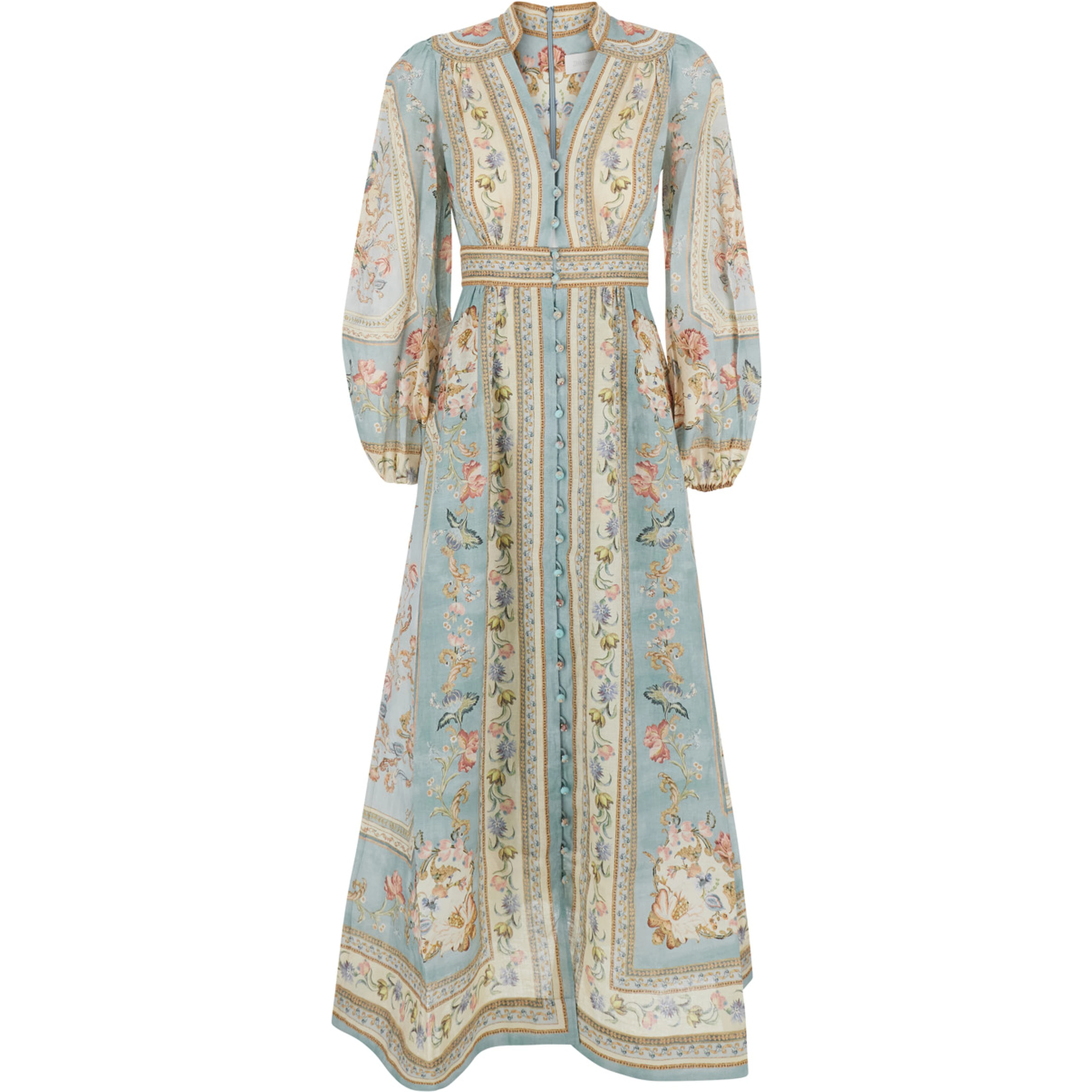 Roselight multicolor long dress with V-neck and floral motif all-over in linen women