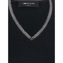 Black V-neck Sweater in Cotton for Women