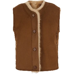 Beige Fur Gilet with Round Collar and Button Closure in Eco-Fur for Women