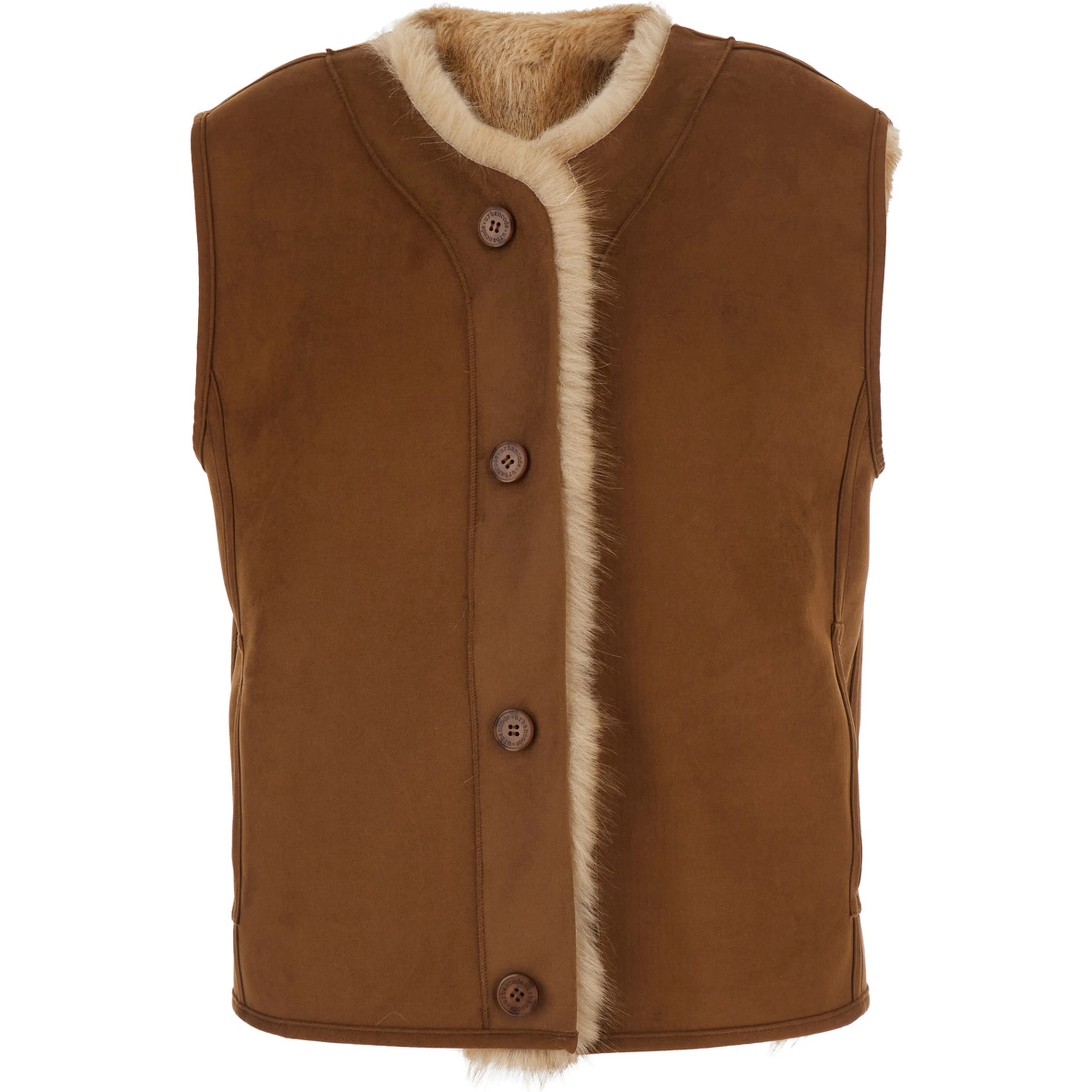 Beige Fur Gilet with Round Collar and Button Closure in Eco-Fur for Women