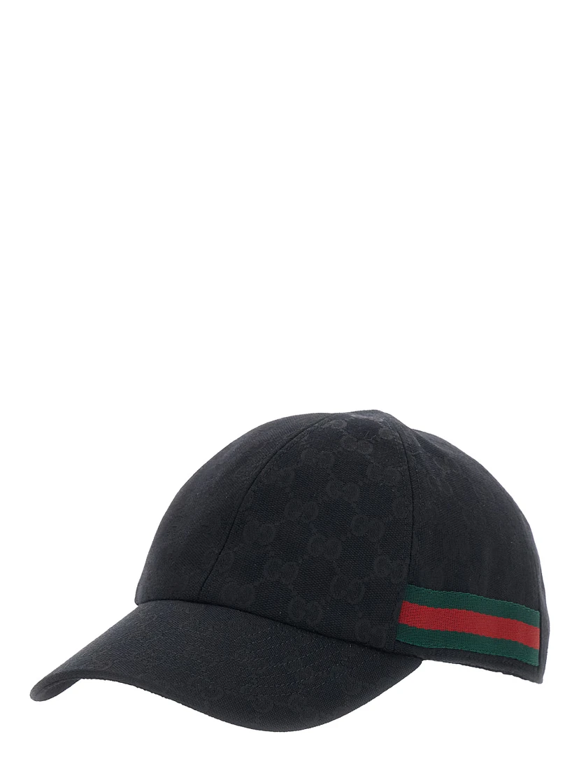 Black Baseball Cap with Web Detail on the Side in GG Canvas for Men