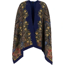 Blue Cape with Paisley motif and all-over floral print in blend wool for women