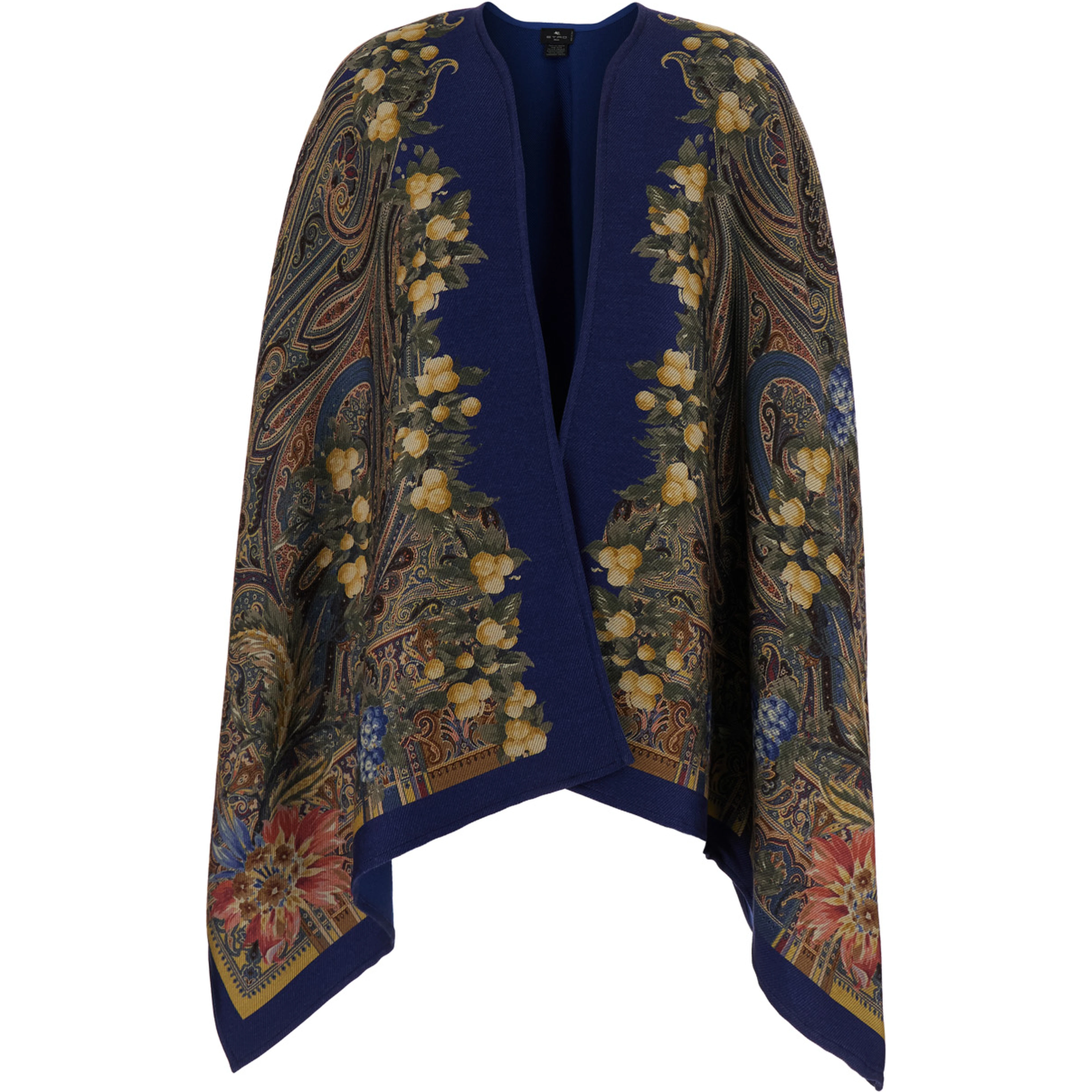 Blue Cape with Paisley motif and all-over floral print in blend wool for women