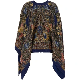 Blue Cape with Paisley motif and all-over floral print in blend wool for women