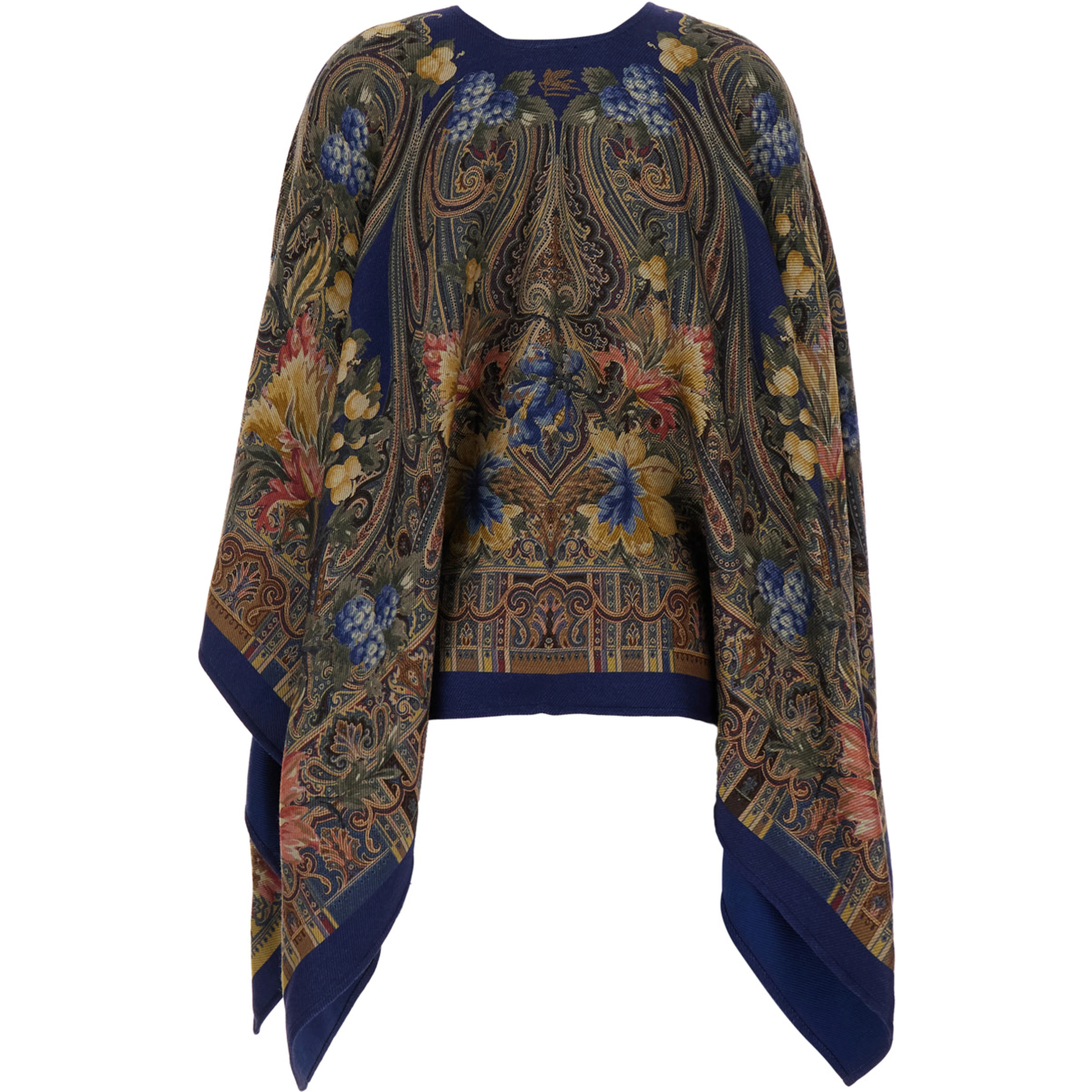 Blue Cape with Paisley motif and all-over floral print in blend wool for women