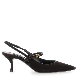Black Slingback Pumps with Ankle Strap and Logo Plate in Suede for Women