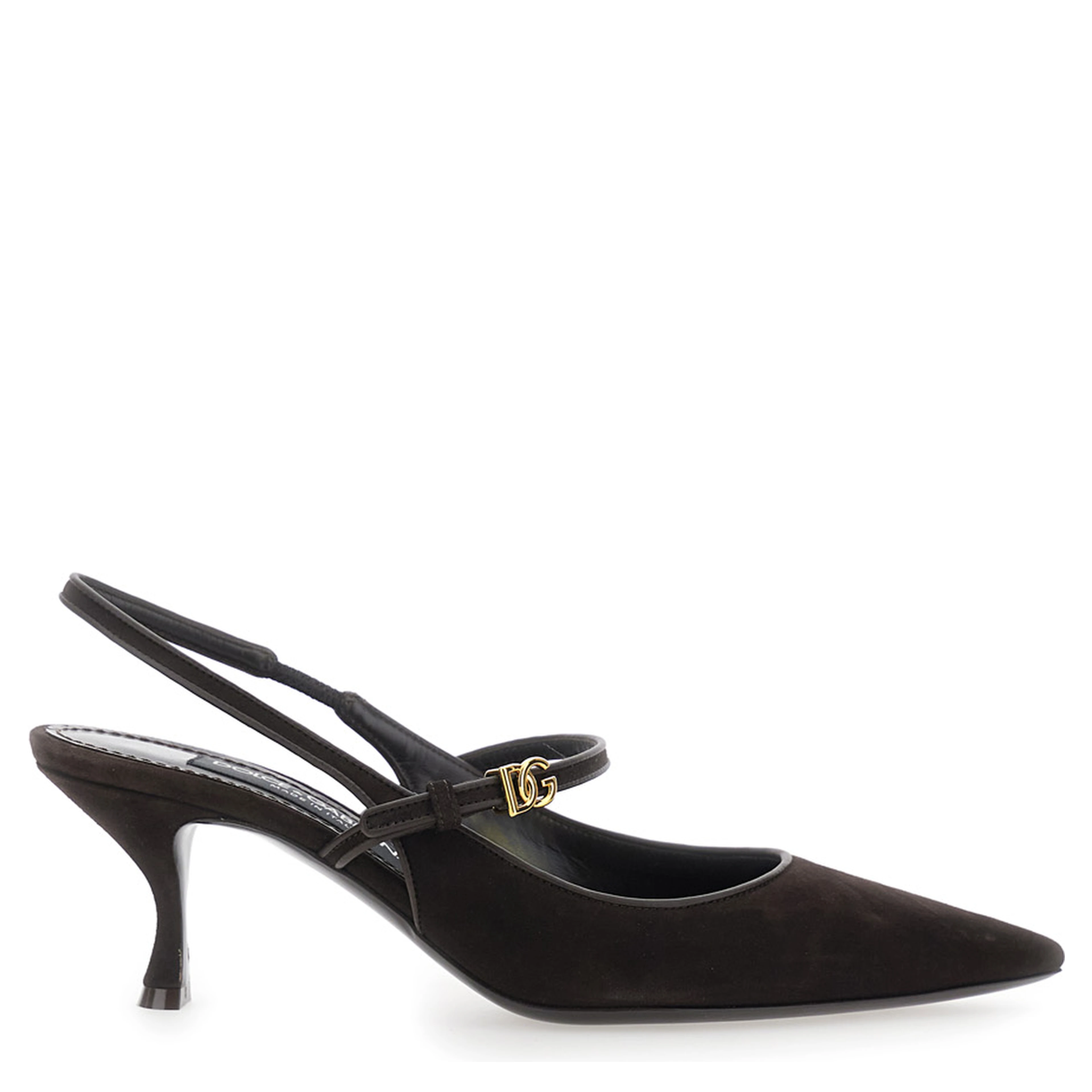 Black Slingback Pumps with Ankle Strap and Logo Plate in Suede for Women