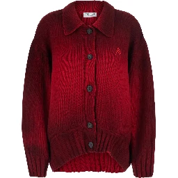 Red Cardigan with classic collar and sprayed design with gradient effect in wool and cashmere for women
