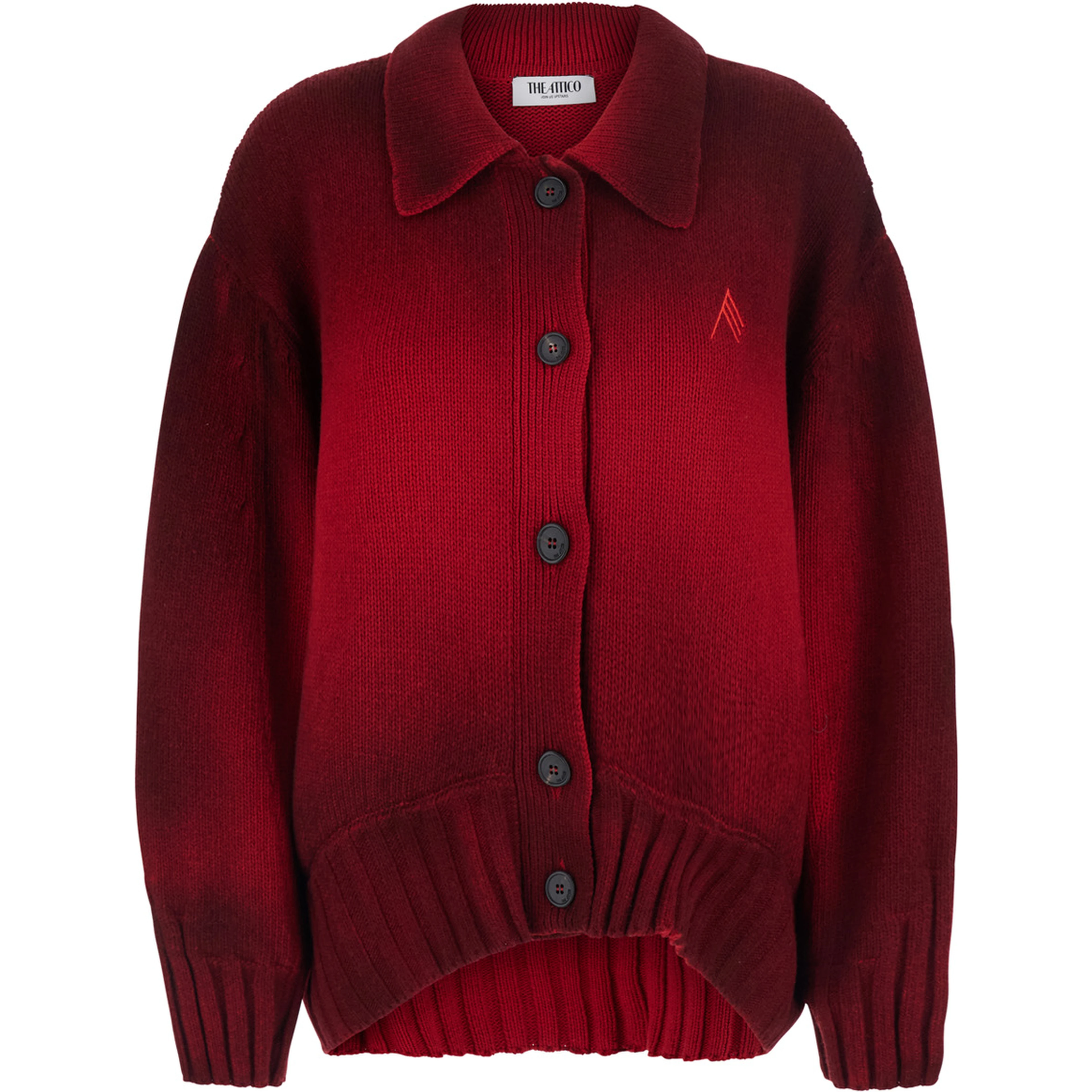 Red Cardigan with classic collar and sprayed design with gradient effect in wool and cashmere for women