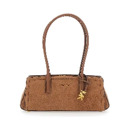 Laila Brown Shoulder Bag with Logo Plate on Front in Suede for Women